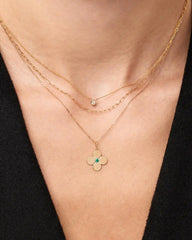 Solid Yellow Gold - Large Emerald Flower Charm Necklace
