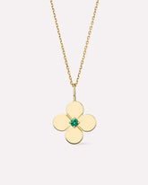 Solid Yellow Gold - Large Emerald Flower Charm Necklace