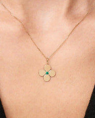 Solid Yellow Gold - Large Emerald Flower Charm Necklace