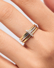 Solid Yellow Gold - Two Tone Trio Diamond Link Ring