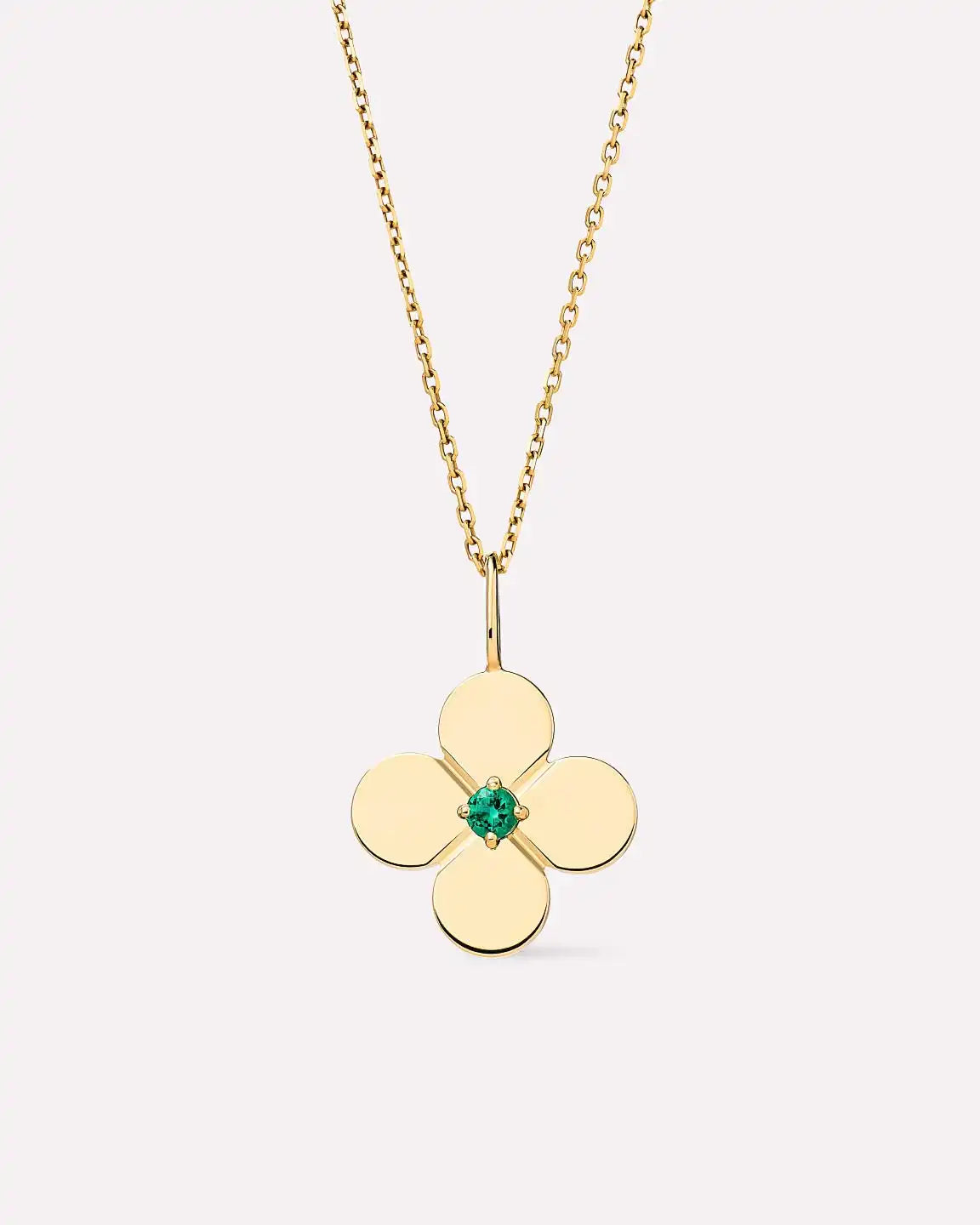 Solid Yellow Gold - Large Emerald Flower Charm Necklace